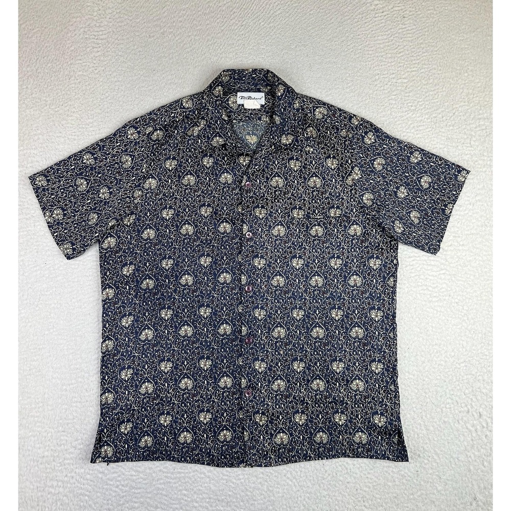 Tori‎ Richard Mens Medium Blue Floral Short Sleeve Button Up Hawaiian Shirt
